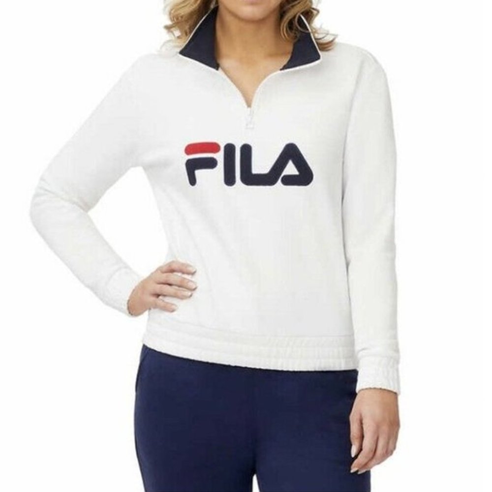 FILA Ladies' 1/4 Zip Pullover Long-Sleeve White Sweater Logo Design